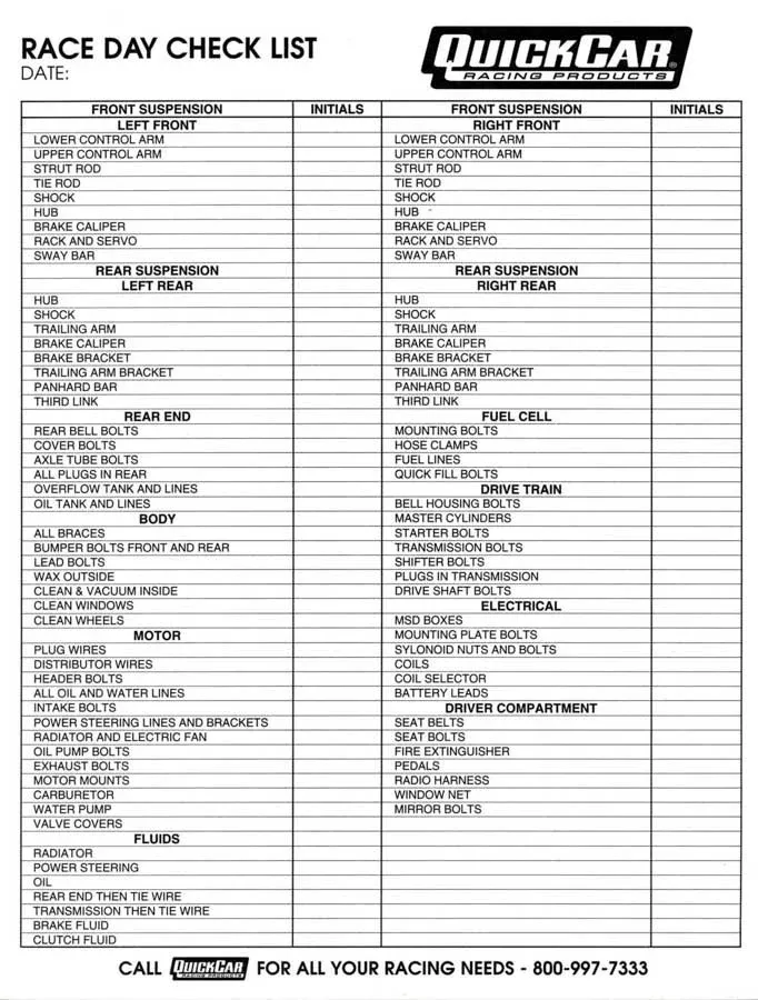 Quickcar Racing - Race Day Check-List