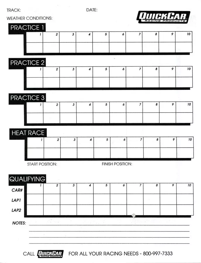 Quickcar Racing - Time Organizer Sheets 100 Lap (50PK)