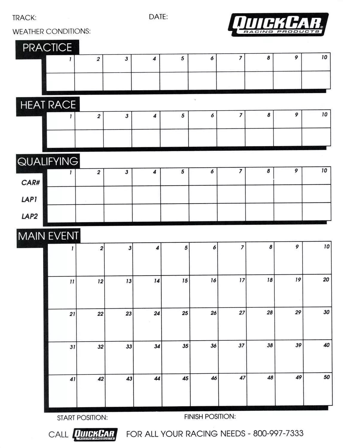 Quickcar Racing - Time Organizer Sheets 50 Lap